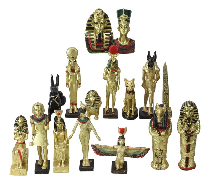 Ebros Gift Ebros Miniature Egyptian Gods and Goddesses Figurine Set of 16 Featuring Anubis Osiris Maat Isis Bastet Sekhmet Obelisk Sphinx King TUT Queen Nefertiti Mummy Hathor Horus and Seth - Image 1